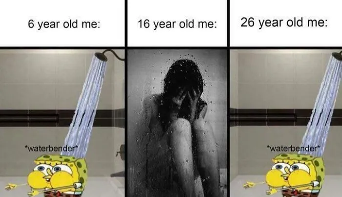 A meme showing the evolution of a person at ages 6, 16, and 26 with SpongeBob and emotional shower scenes for Gen-Z memes.