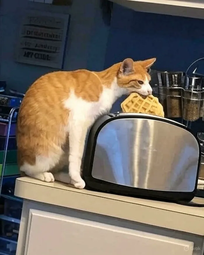 Gato naranja y blanco robando un waffle de una tostadora en una divertida foto de gatos en casa.