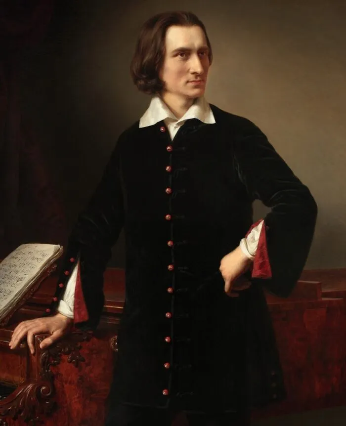 Portrait of a handsome historical figure standing by a piano, representing famous names from history known for their good looks.