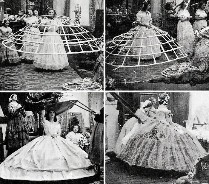 Victorian Photos Showing The Complex Progress For Wearing A Crinoline Dress. Circa 1850
