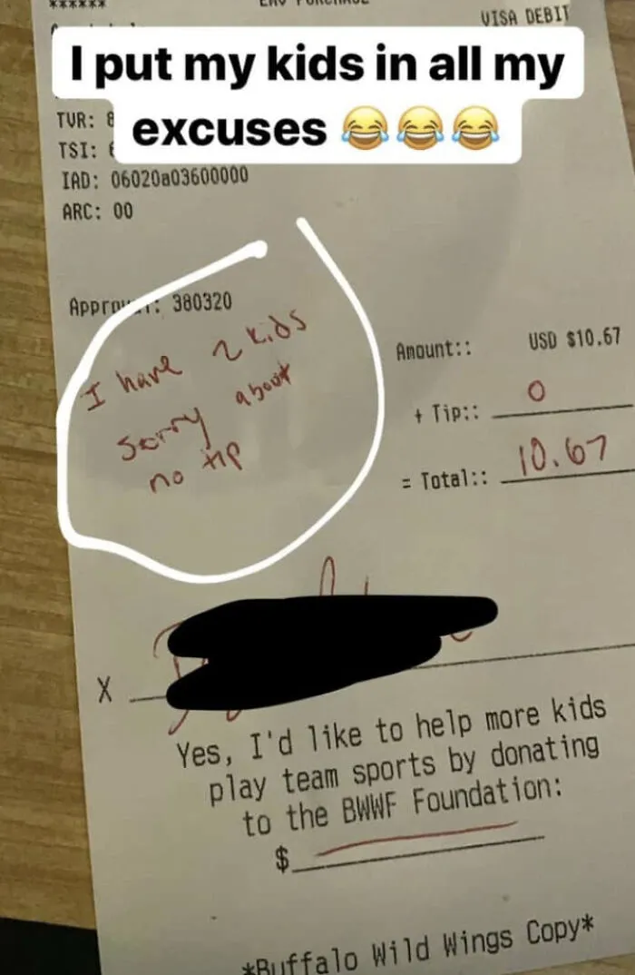 Receipt showing a parent using having kids as an excuse for no tip, highlighting outrageous demands parents make.
