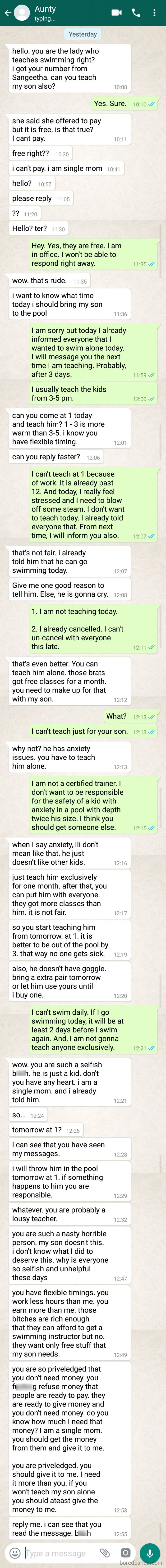 I Teach Swimming To Kids For Free Even Though I Was Offered Money. Mombie Demands That I Have To Teach Her Son Exclusively. And To Give Her The Money Offered As I Don't Need It