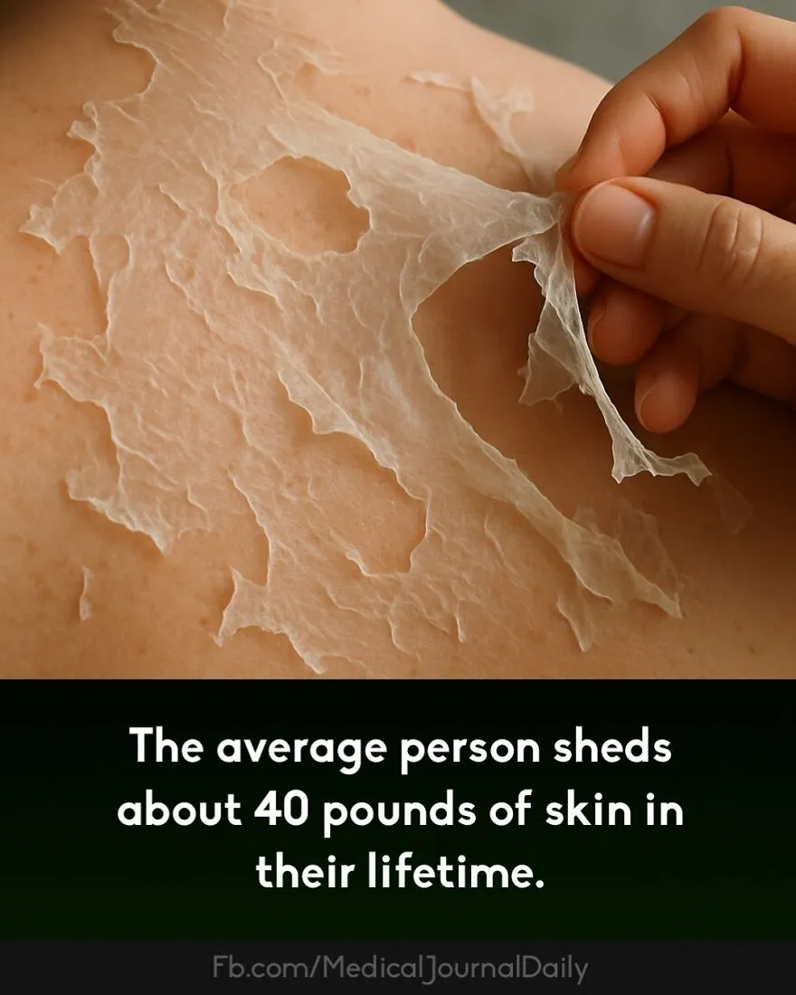 Hand peeling flaky skin highlighting curious medical facts about fingers containing no muscles and skin shedding.