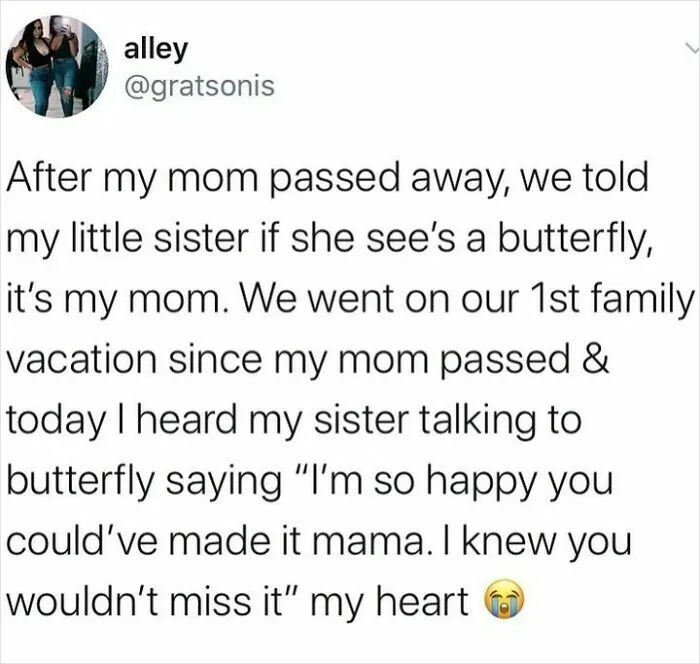 Emotional tweet about family, loss, and seeing a butterfly as a symbol, shared for a daily serotonin boost from an IG page.