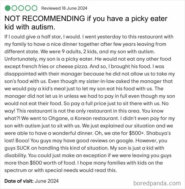 Restaurant review criticizing policy for picky eater kids with autism, highlighting parents' demands and challenges with special needs accommodation.