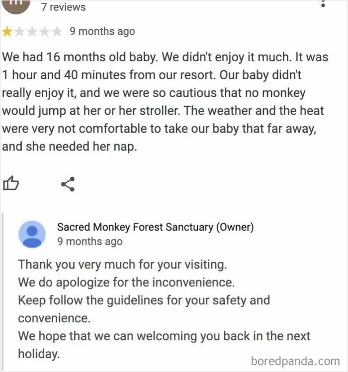 Parent review about a baby’s discomfort and safety concerns at a tourist location showing outrageous demands from parents.