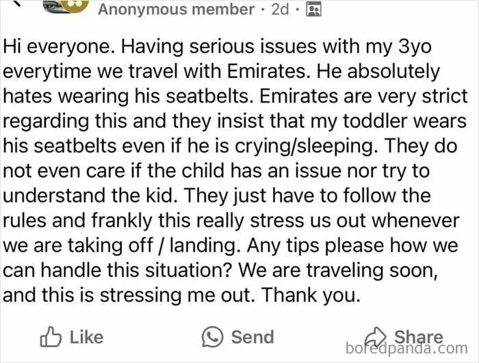 Parent struggles with toddler refusing seatbelt on Emirates flight, sharing travel stress and seeking advice on handling the situation.