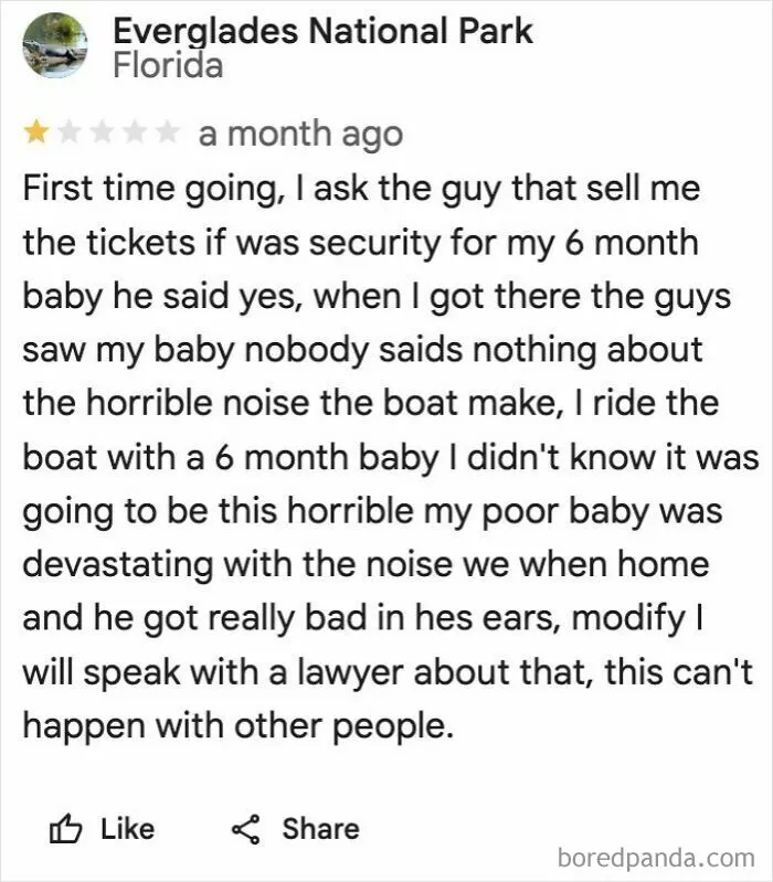 Review of a boat ride with a 6-month-old baby complaining about noise and parents making outrageous demands.