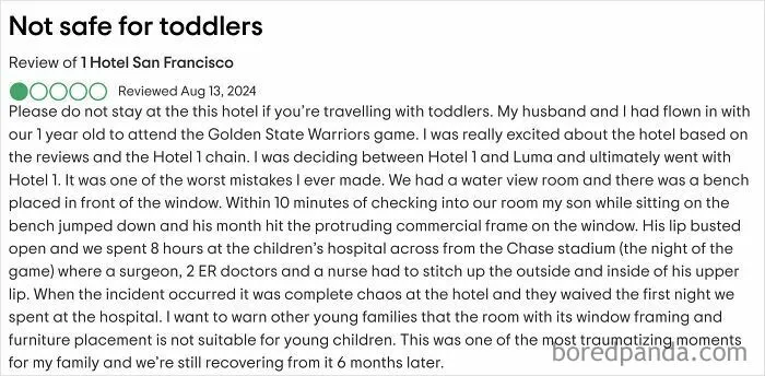 Parent reviews hotel dangers for toddlers after injury, highlighting outrageous demands parents make just because they have kids.