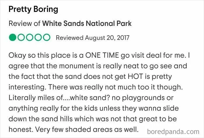 Review of White Sands National Park mentioning lack of playgrounds and kid-friendly areas, focusing on children’s needs.