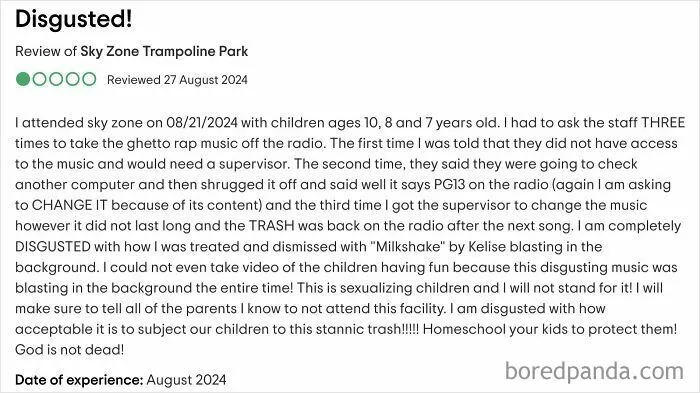 Review of a trampoline park with parents making outrageous demands due to having kids and inappropriate music concerns.