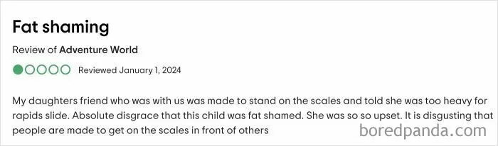 Review screenshot discussing fat shaming incident involving a child, highlighting outrageous demands made by parents.