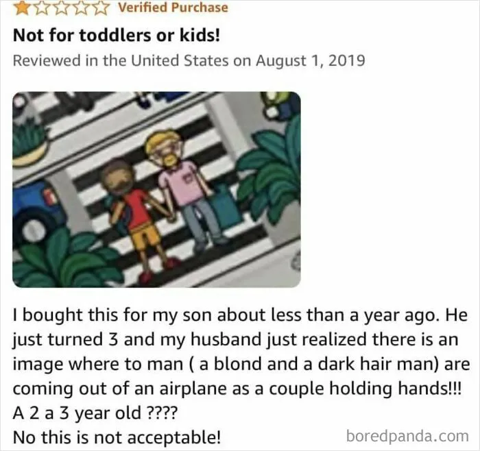 Review showing parents making demands about kids finding two men holding hands in a children's product image.