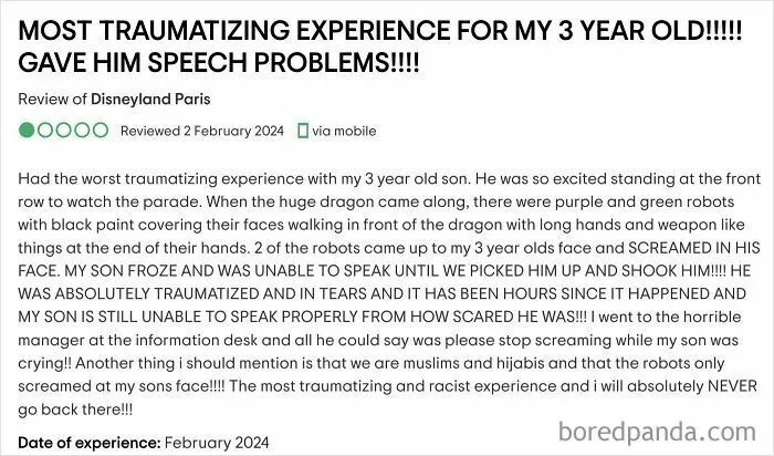 Parent outrage over traumatizing experience involving their 3-year-old and a parade with costumed robots.