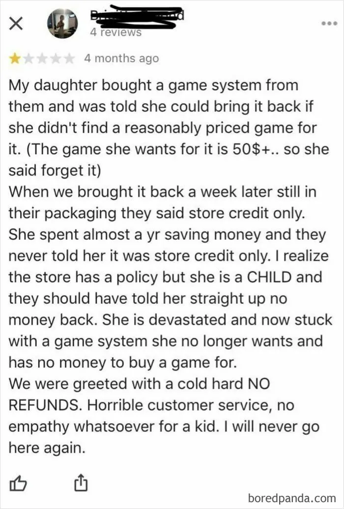 Parent shares outrage over store refund policy, highlighting lack of empathy for children and unreasonable demands from parents.