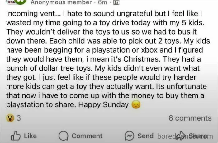 Parent venting about outrageous demands at a toy drive and frustrations with kids not getting desired toys.