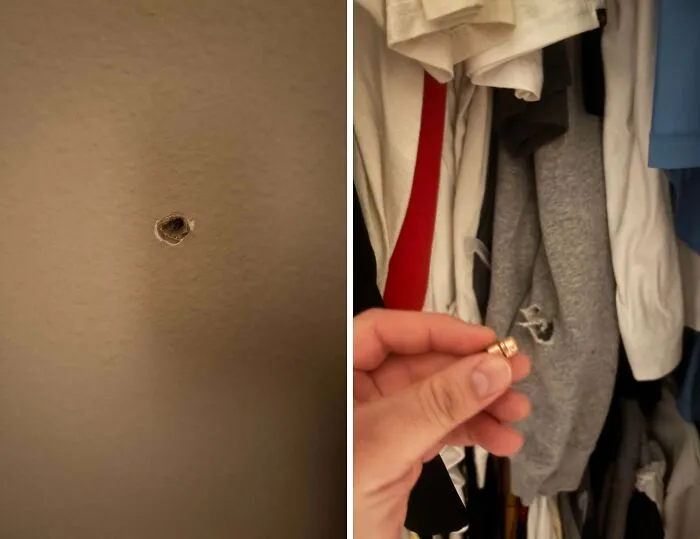 Daño en la pared y ropa rota en closet, ejemplos de padres y madres teniendo un día peor que el tuyo.