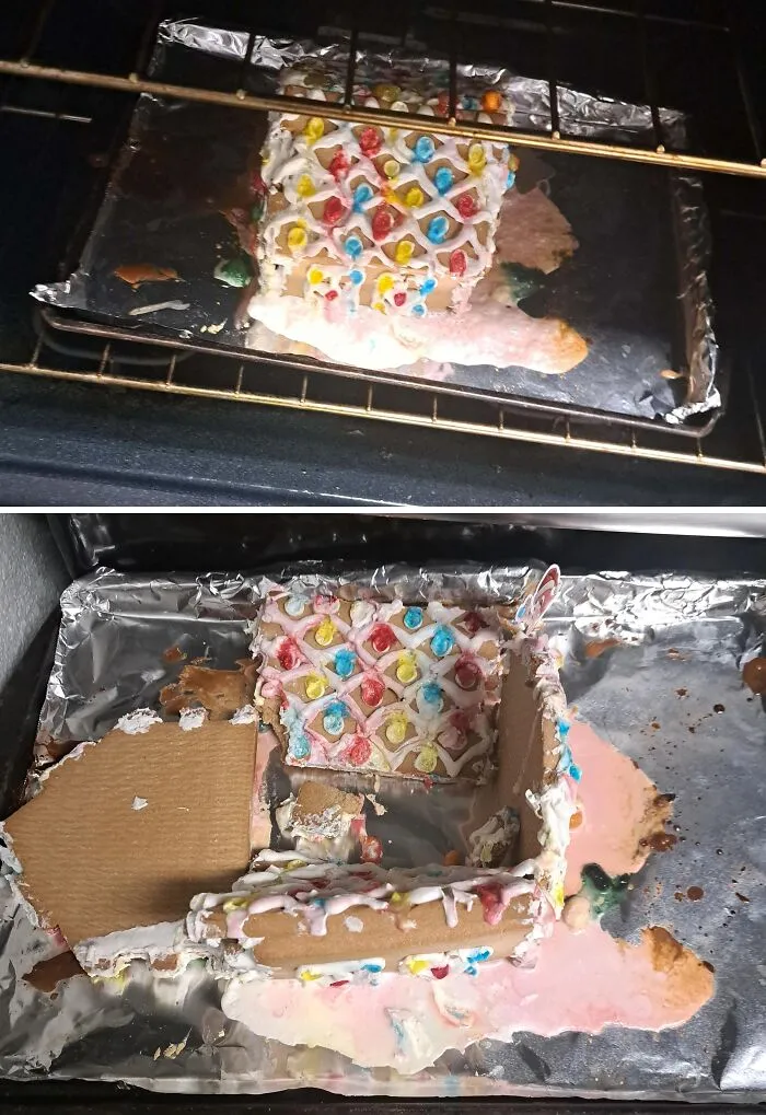 Casa de jengibre derretida y desarmada en horno, mostrando un día peor de padres y madres con desastre navideño.