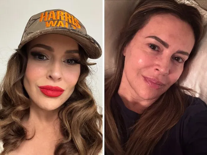 Side-by-side images of a celebrity with full makeup and the same celebrity with a makeup-less natural look behind the scenes.