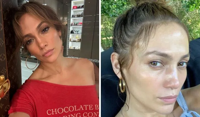 Celebrities without makeup showing natural skin and relaxed looks in casual settings, highlighting makeup-less beauty behind scenes.