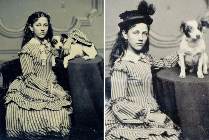 Victorian Girl Posing With Her Beloved Dog. Dog Alive, You Can See It Blurring In The 2nd Shot. Circa Mid XIX Century