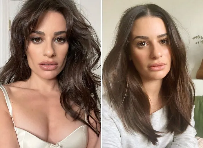 Side-by-side photos of a makeup-less celebrity showing natural beauty behind the scenes with no makeup.
