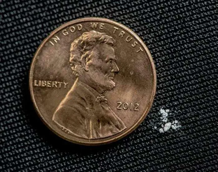 Esta es una dosis letal de fentanilo. (Un centavo como escala)