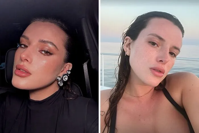 Side-by-side photos of a makeup-less celebrity showing natural skin and how they really look behind the scenes.