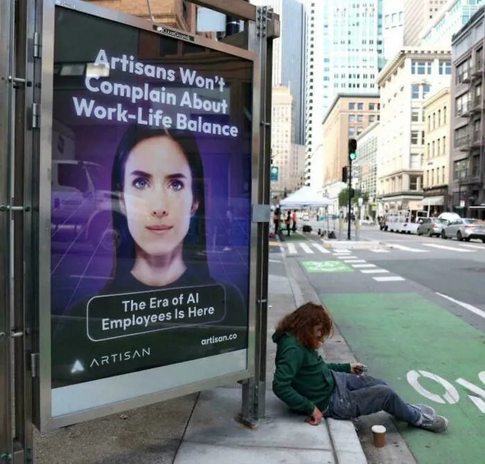 Disturbing photo of a child sitting on a city sidewalk next to an AI work-life balance advertisement on a busy street corner.