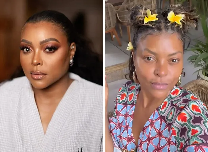 Side-by-side images of a celebrity with full makeup and the same celebrity makeup-less showing natural beauty behind the scenes.