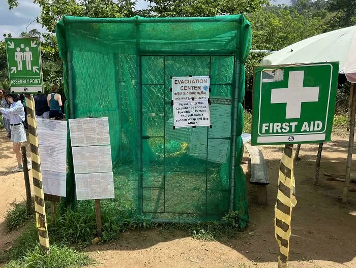 Emergency evacuation center with first aid and assembly point signs, depicting a safety area in a natural setting.
