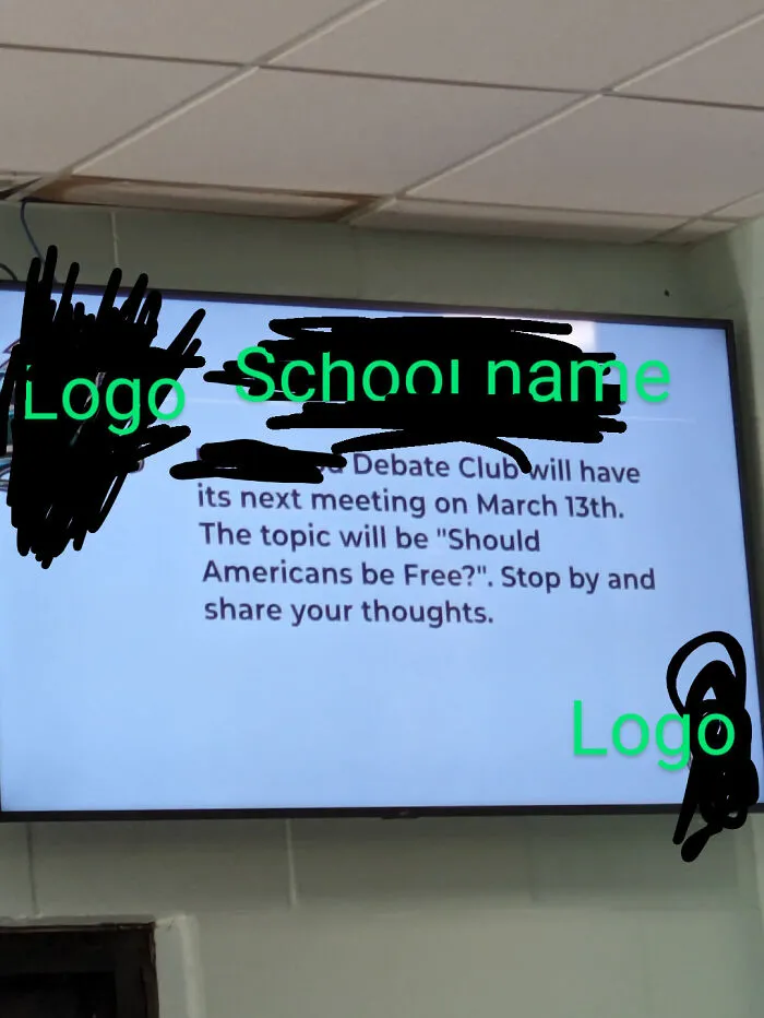 Digital screen showing confusing debate club announcement with puzzled reactions in funny pics people had to take