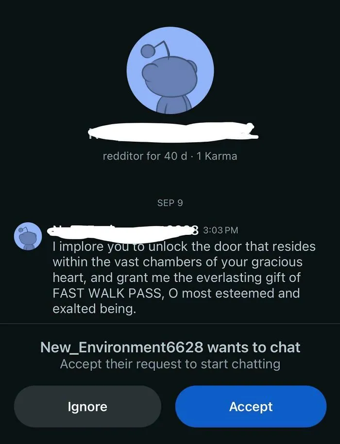Reddit message with a funny and confusing plea for a fast walk pass, showcasing humor in user chats.