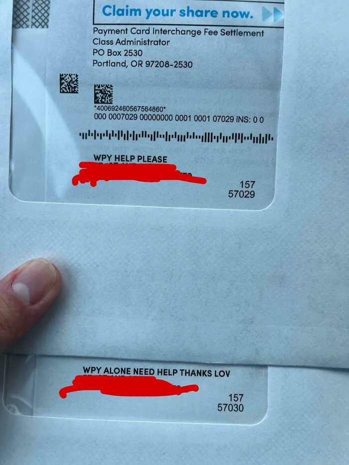 Envelope with confusing handwritten labels saying WPY HELP PLEASE and WPY ALONE NEED HELP THANKS, funny pics of utter confusion