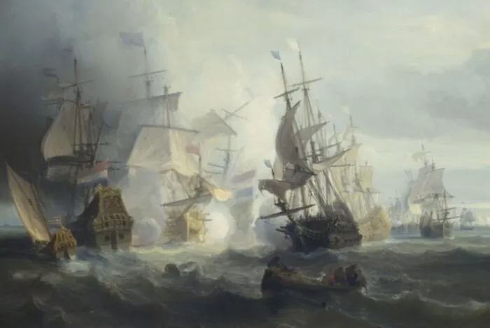 Historical naval battle scene with sailing ships engulfed in smoke and turbulent sea waves, illustrating historical facts.