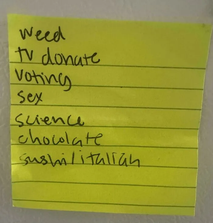 Handwritten yellow sticky note listing words like weed, voting, science, and chocolate, a historical memento people randomly found.