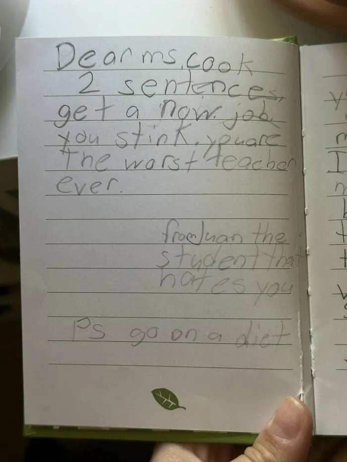 Child's handwritten note criticizing a teacher, a unique historical memento people randomly found in old notebooks.