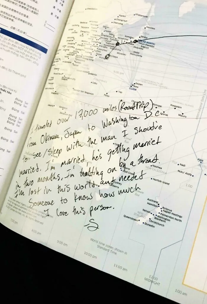 Handwritten note on a world map page detailing a 17,000-mile round trip, a personal story, and emotional memento.