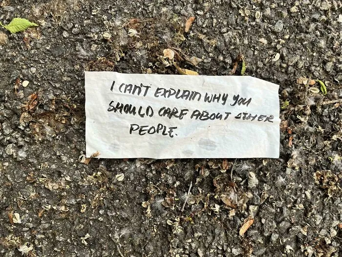 Handwritten note found on the ground, a historical memento reflecting personal thoughts about caring for others.