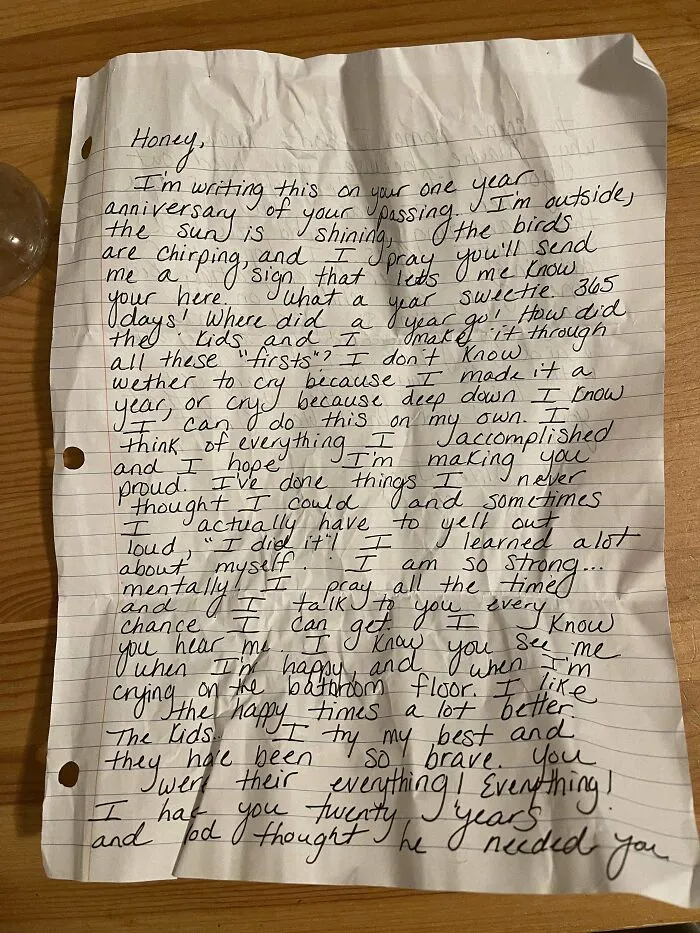 Handwritten heartfelt letter reflecting on strength and loss, a unique historical memento people randomly found.