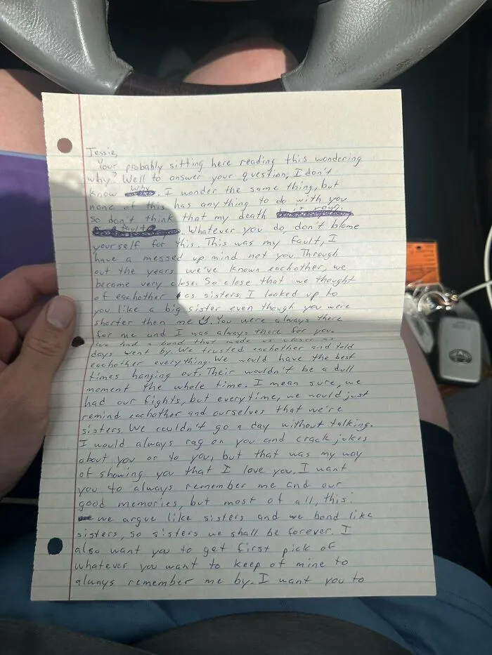 Handwritten historical memento letter found in a car, reflecting a deep sisterly bond and memories shared.
