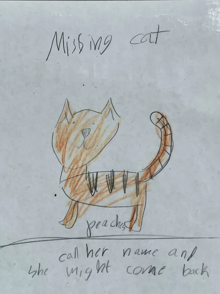 Child's drawing of a missing cat named Peaches, a historical memento people randomly found with a handwritten note.