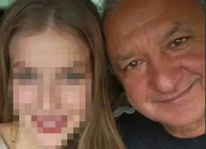 A pixelated young girl and a middle-aged man smiling closely together, highlighting themes of traumatizing the next generation.