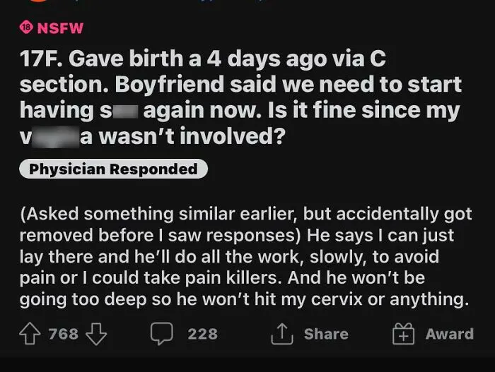 NSFW post about a 17-year-old new mother asking for medical advice, highlighting traumatizing the next generation content.