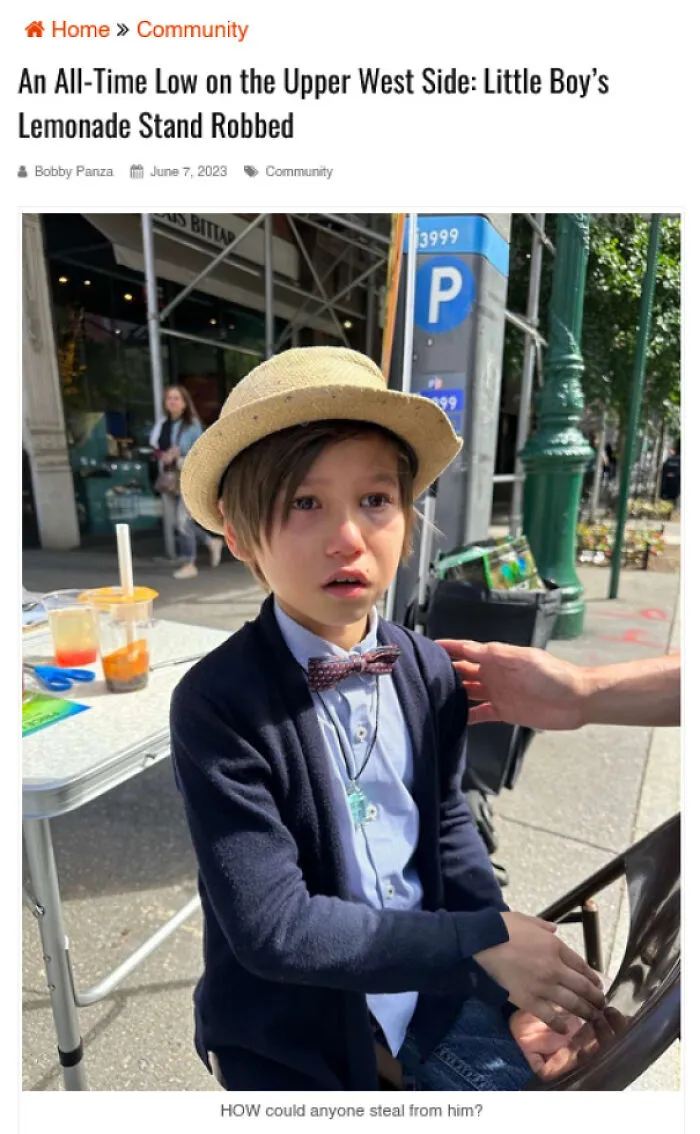 Young boy at lemonade stand looking upset after robbery, illustrating traumatizing the next generation concept.