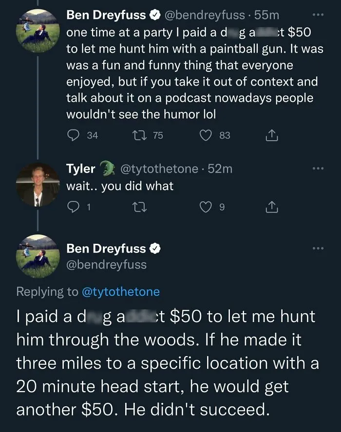 Screenshot of a Twitter conversation about a controversial paintball hunting challenge, illustrating traumatizing generational attitudes.