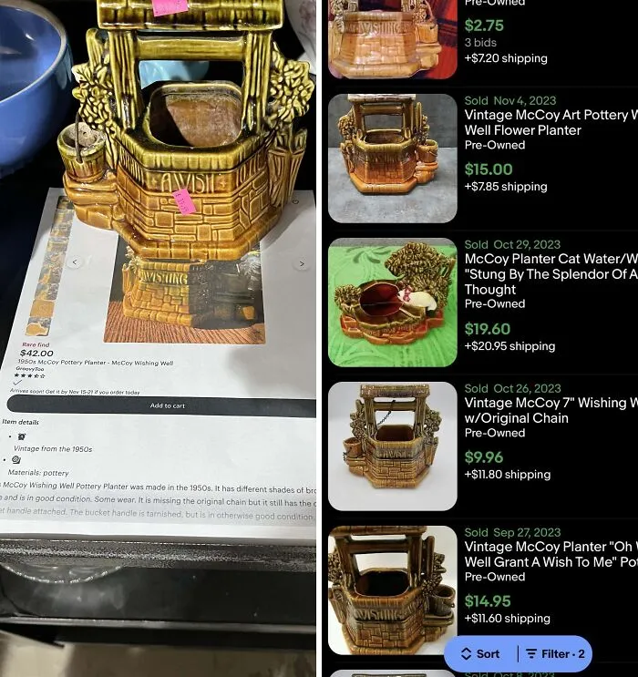 Vintage McCoy pottery wishing well planter found at thrift store with detailed design and original chain missing.