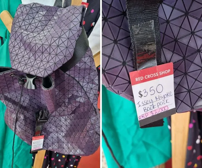 Una mochila "Issey Miyake" claramente falsa por 350 dólares