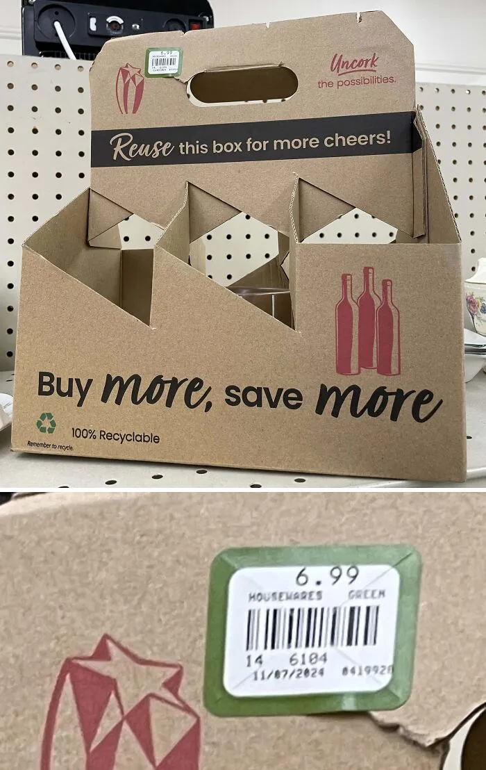 Cardboard six-pack bottle holder with thrift store price tag on shelf, an example of ridiculous thrift store finds.