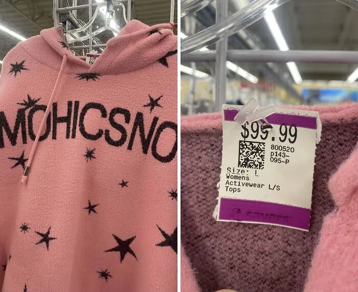 Pink hoodie with black stars and the word mohic sno displayed, tagged at $99.99 found at a thrift store.